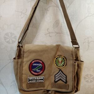 Tan Military Style Messenger Bag With Patches